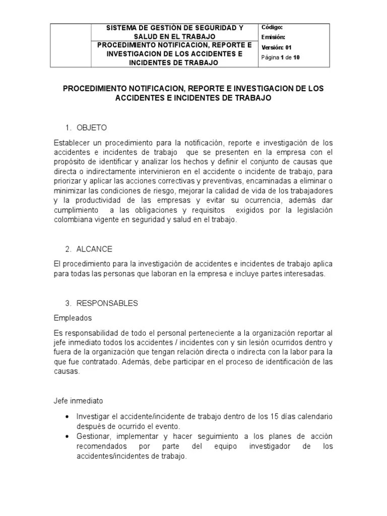 Procedimiento Notificacion Accidentes E Incidentes De Trabajo | PDF | Accidente (general ...