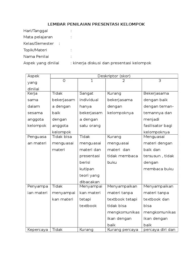 Contoh 1 rubrik penilaian kinerja. Lembar Penilaian Presentasi Kelompok Pdf