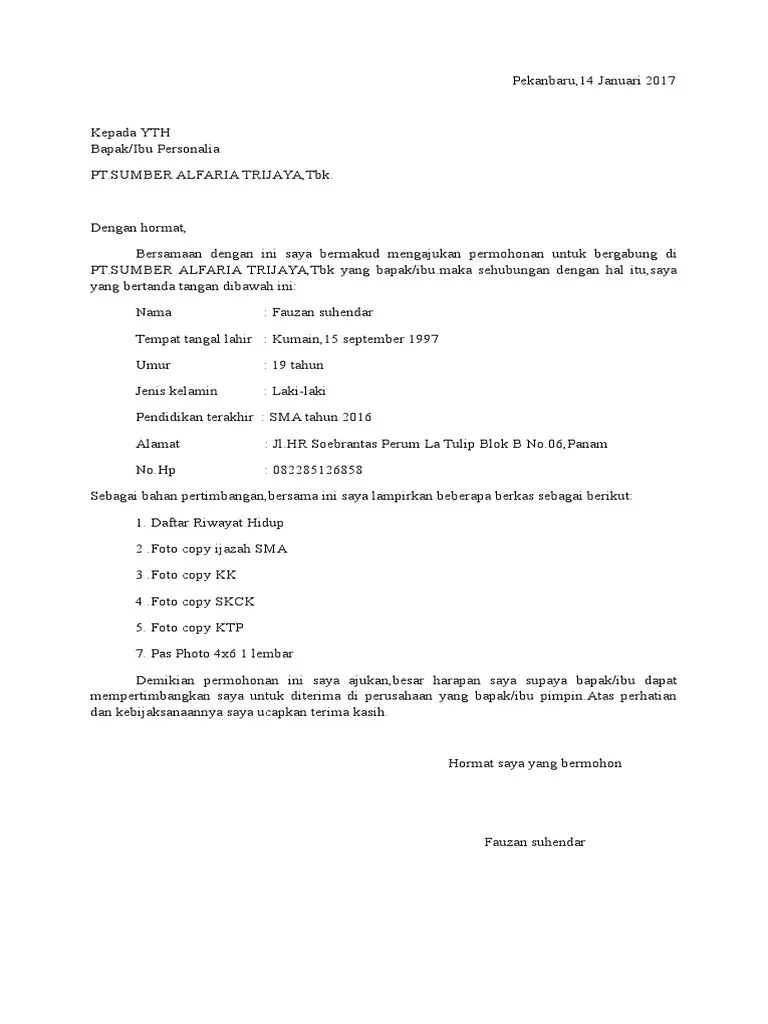 Pt sumber alfaria trijayatbk (alfamart) kantor cabang klaten, perusahaan retail minimarket. Surat Lamaran Alfamart Pekanbaru Pdf