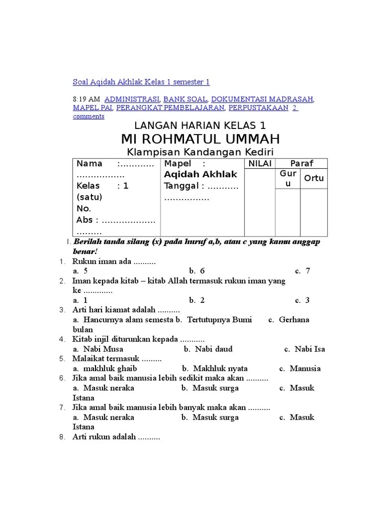 Download Soal Uts Aqidah Akhlak Kelas 6 Semester 1 / Lengkap 30 Contoh