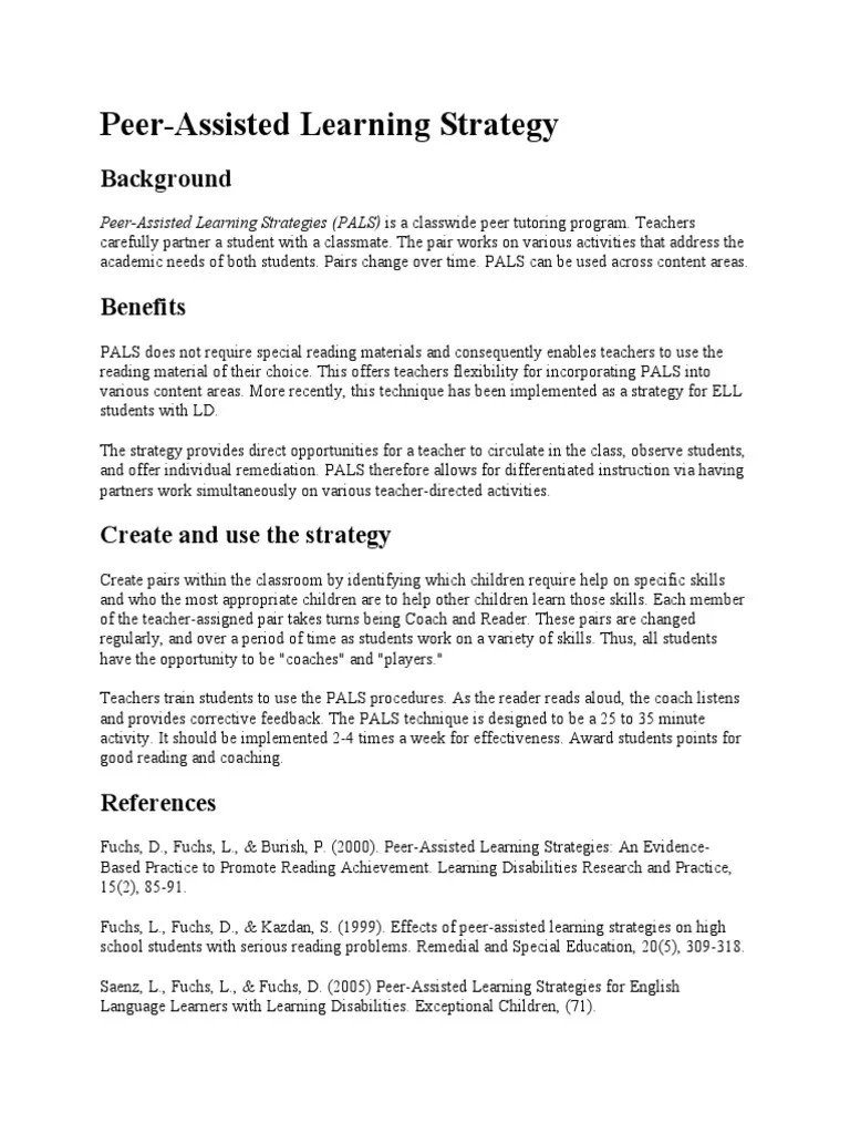 Peer Assisted Learning Strategy | PDF
