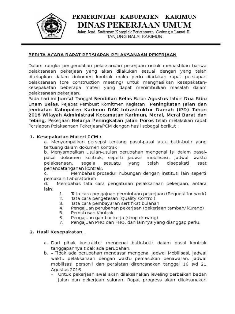 Berita Acara Rapat Persiapan Pelaksanaan Pekerjaan (PCM) | PDF