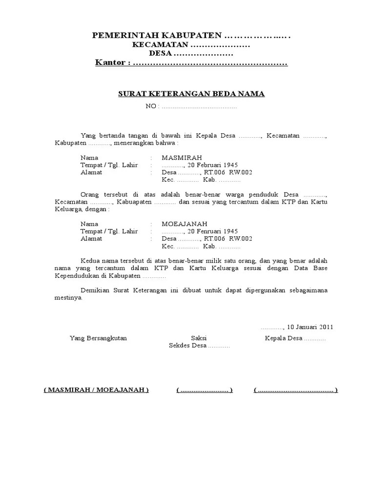 Surat Keterangan Beda Nama Dari Desa | PDF