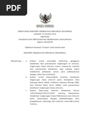 Permenkes Nomor 70 THN 2016 Standar Kesehatan Lingkungan Kerja Industri |  PDF