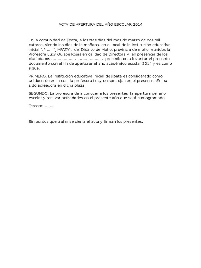 Acta De Apertura Del Año Escolar 2014 | PDF