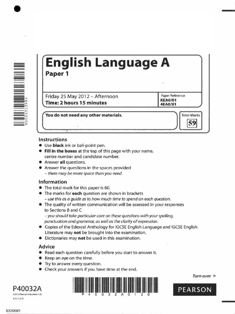 Question by question guide for edexcel paper 1 fiction and imaginative writing. Edexcel IGCSE English A Paper 1 exemplar material (59 ...