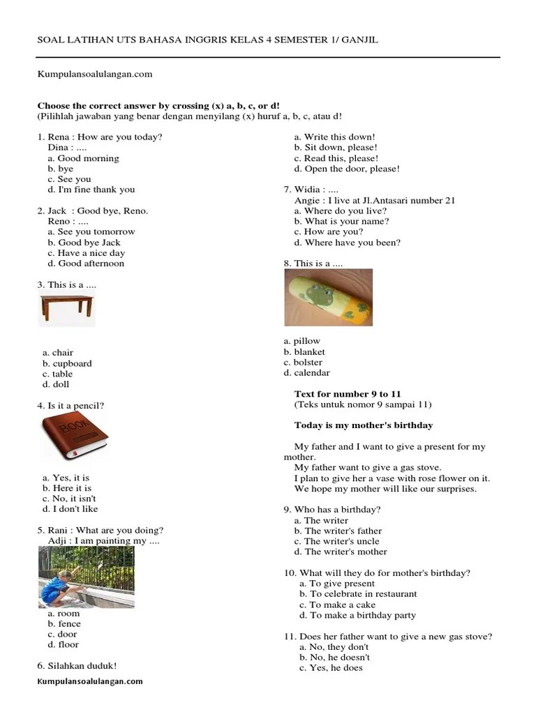 Rangkuman materi bahasa inggris kelas 6 sd. SOAL UTS INGGRIS KELAS 4 SEMESTER 1.pdf