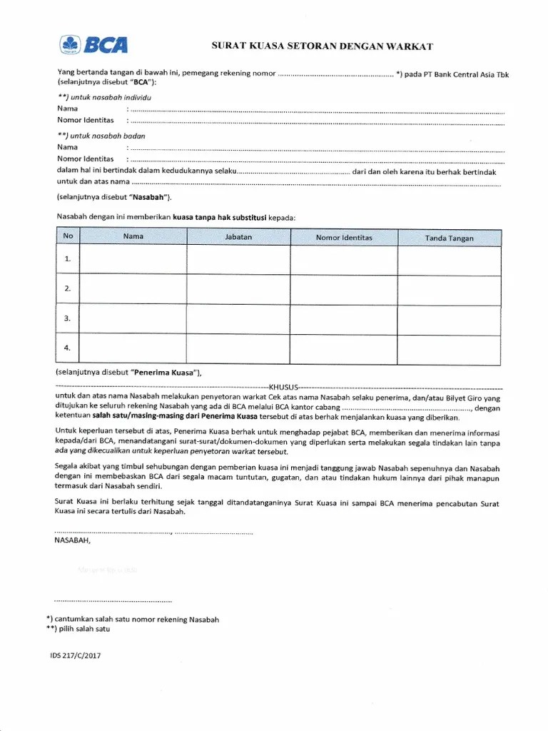 Surat Kuasa Setoran Dengan Warkat Bca Dubai Khalifa USEP WARMAN Jenis Identitas.
