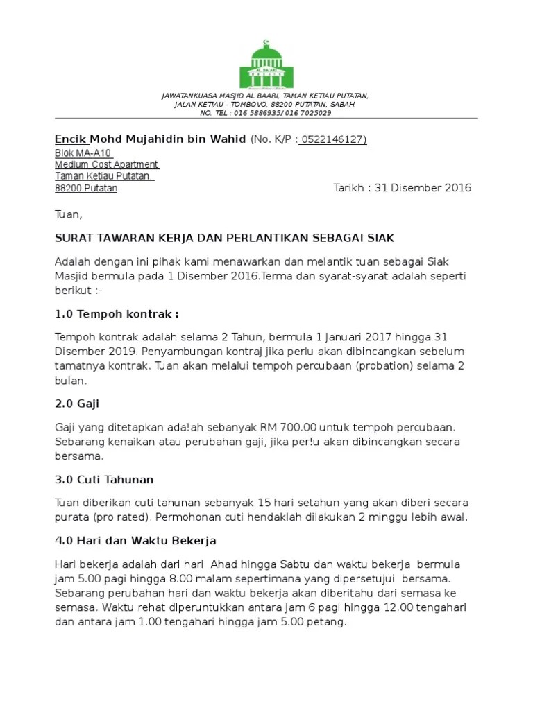 Surat pengesahan kerja dari majikan. Surat Tawaran Kerja Secara Kontrak Letter 7saudara Com