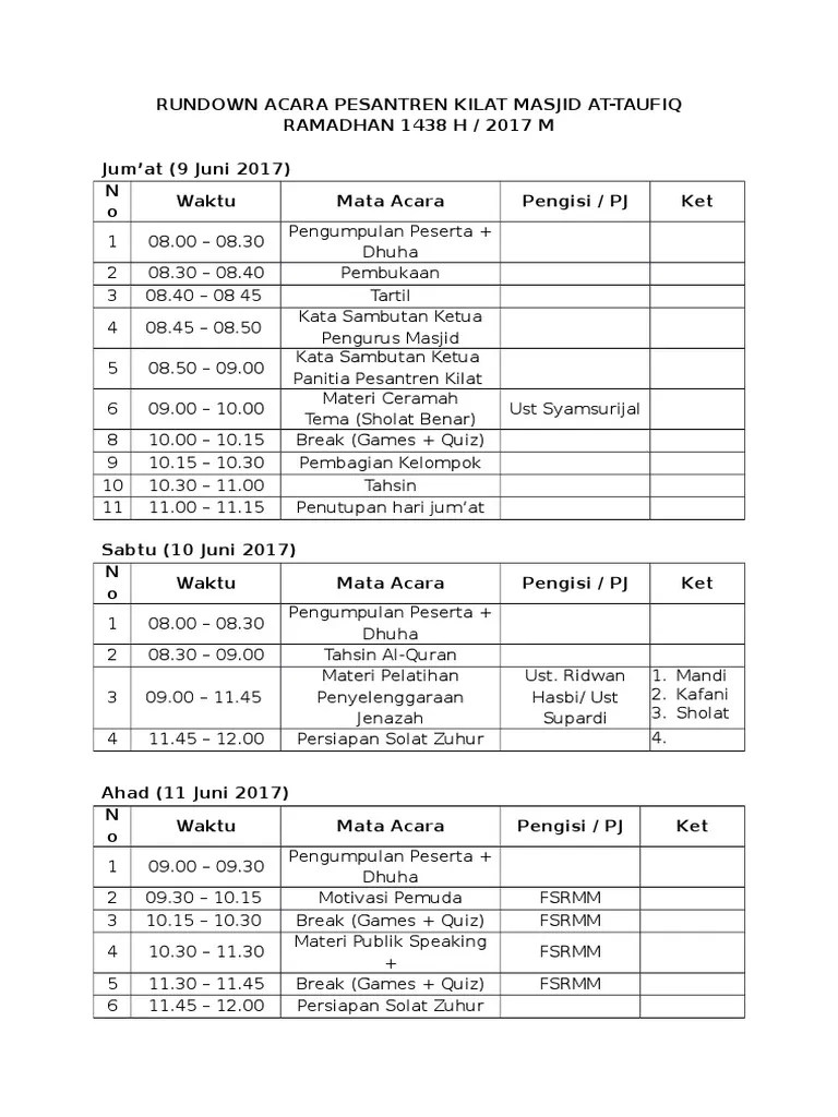 Rundown Acara Pesantren Kilat Masjid at | PDF