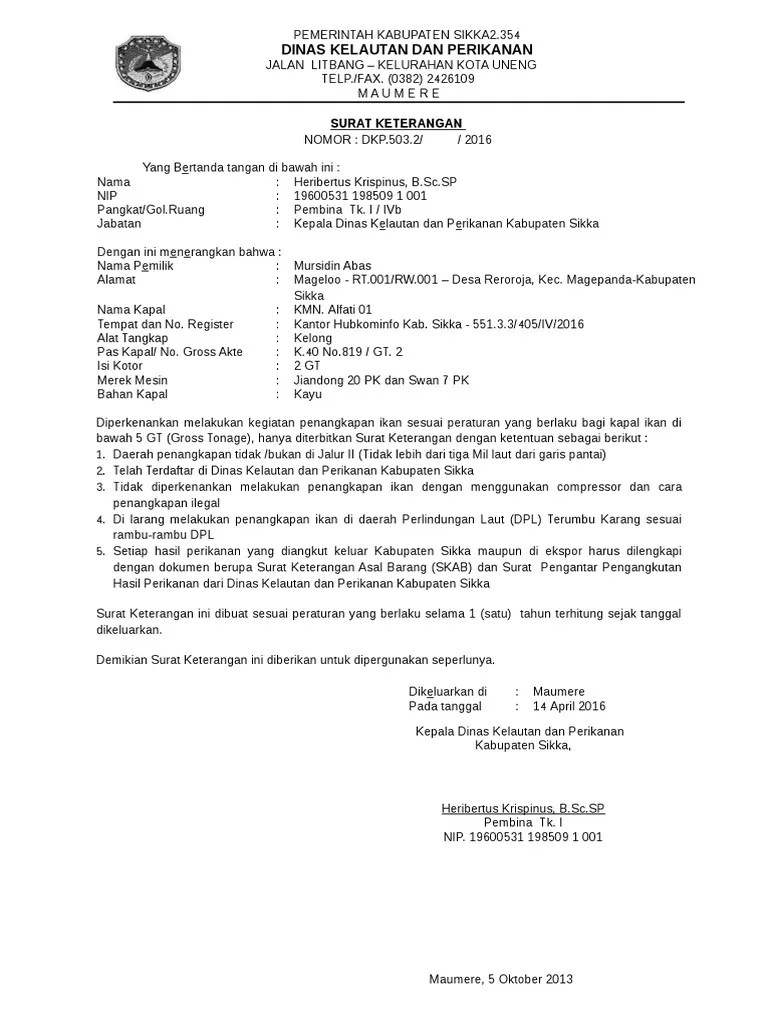 Format Surat Keterangan Pengganti Sipi Untuk Kapal Dibawah 5 GT | PDF