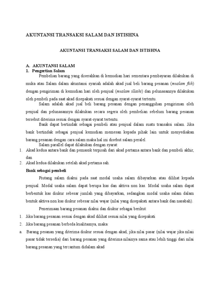 Contoh transaksi dengan akad istishna. Akuntansi Transaksi Salam Dan Istishna