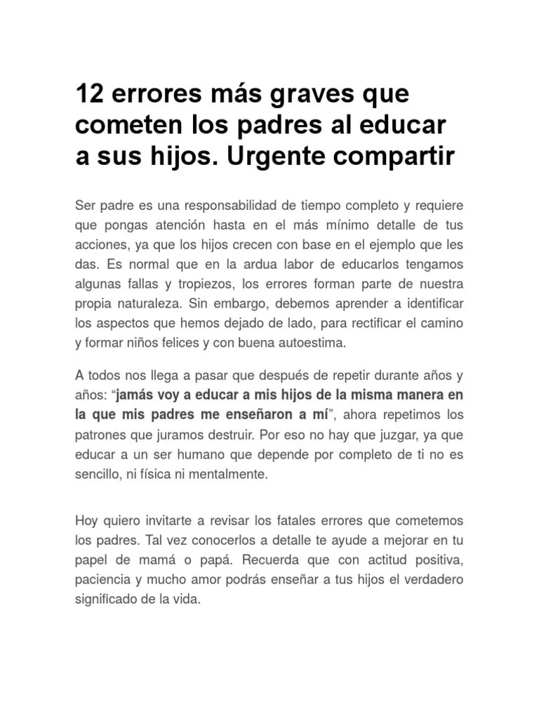 12 Errores Más Graves Que Cometen Los Padres Al Educar A Sus Hijos | Descargar Gratis PDF ...