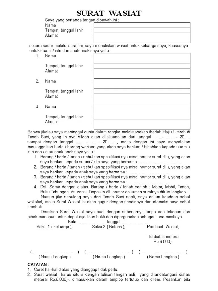 Ada aturan hukum yang mengatur pembuatan surat wasiat untuk pembagian warisan di . Contoh Surat Wasiat Tanah Nusagates