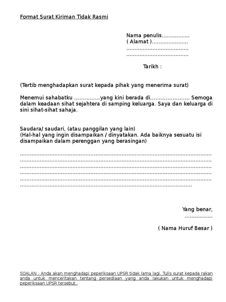 Tulis sepucuk surat kepada rakan kamu untuk menceritakan tentang persediaan kamu itu. Bahasa Melayu Tahun 4 Surat Tidak Rasmi Letter 7saudara Com