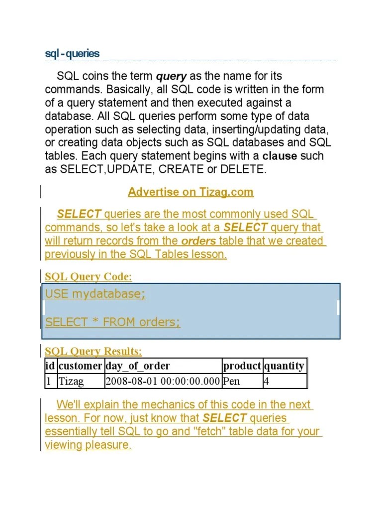 SQL - Queries: SELECT Queries Are The Most Commonly Used SQL | PDF ...
