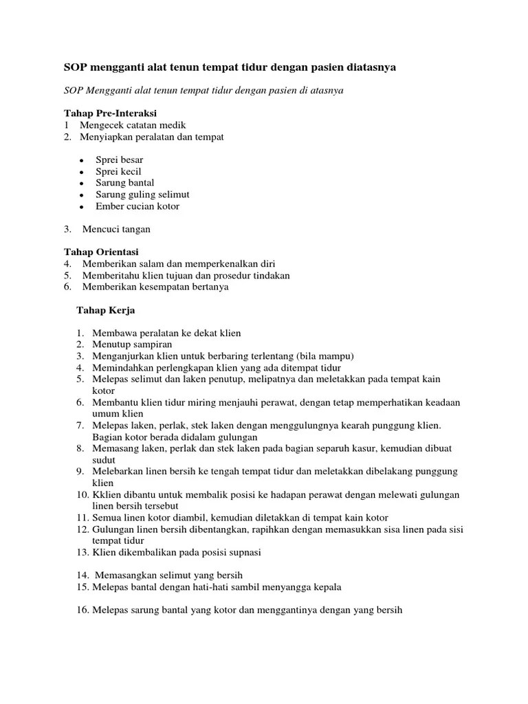 SOP Mengganti Alat Tenun Tempat Tidur Dengan Pasien Diatasnya | PDF