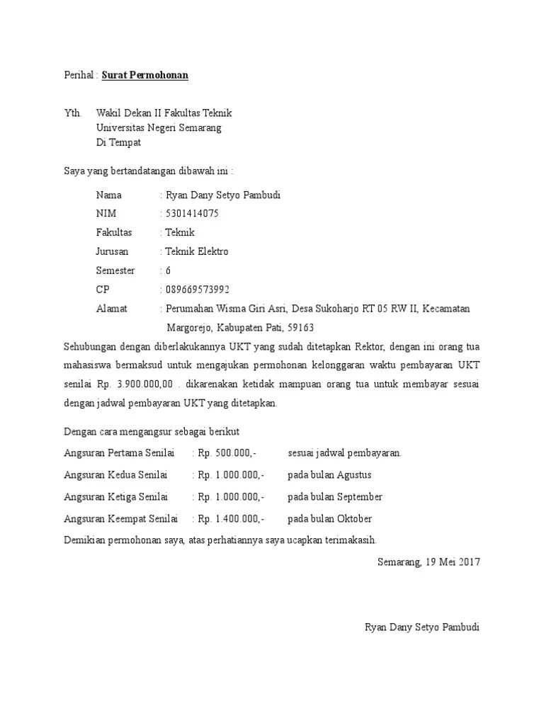 Surat permohonan penurunan ukt syarat contoh download. Contoh Surat Permohonan Cicilan UKT
