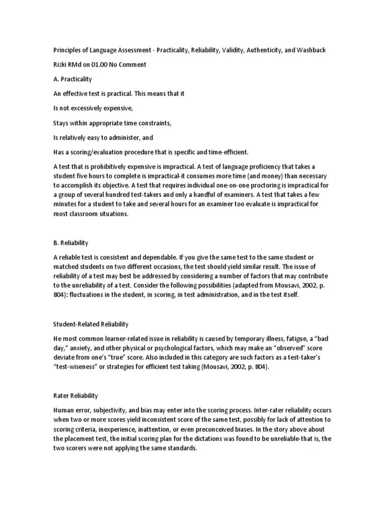 An Analysis Of The Principles Of Language Assessment: Evaluating The Reliability, Practicality ...