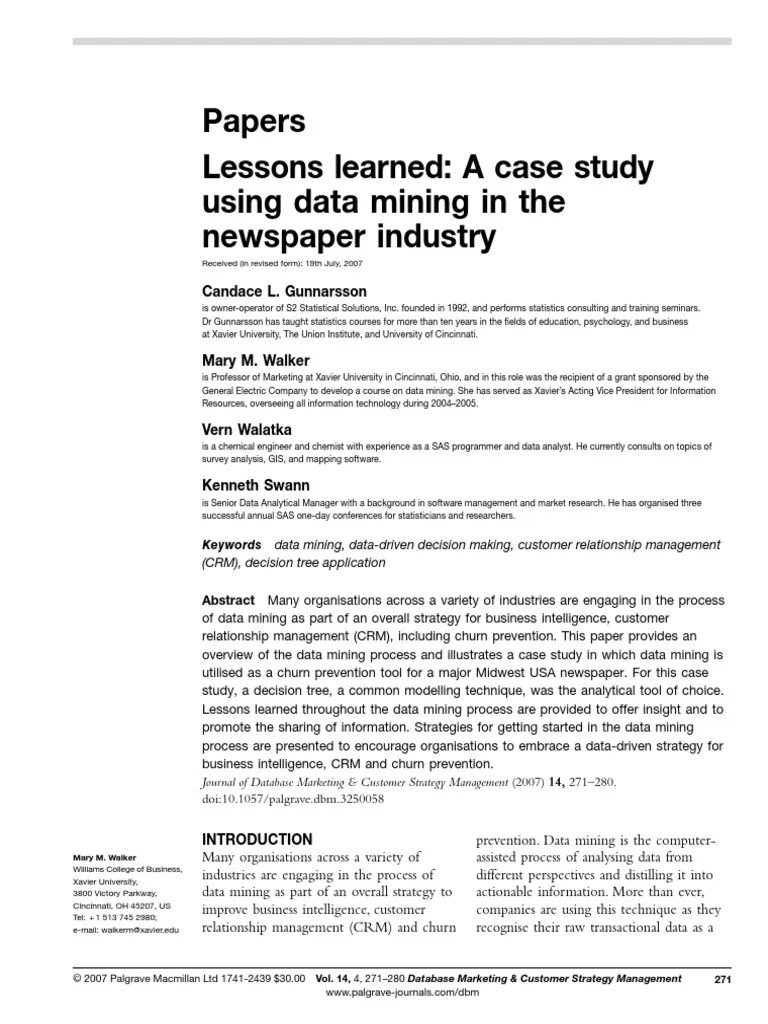Lessons Learned: A Case Study Using Data Mining In The Newspaper ...