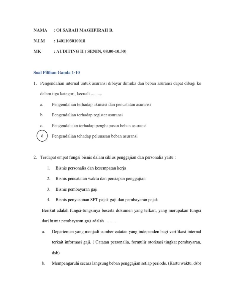 Mar 23, 2020 · contoh soal kasus audit persediaan soal pilihan ganda audit persediaan. Tugas Soal Dan Jawaban Audit Ii Individu