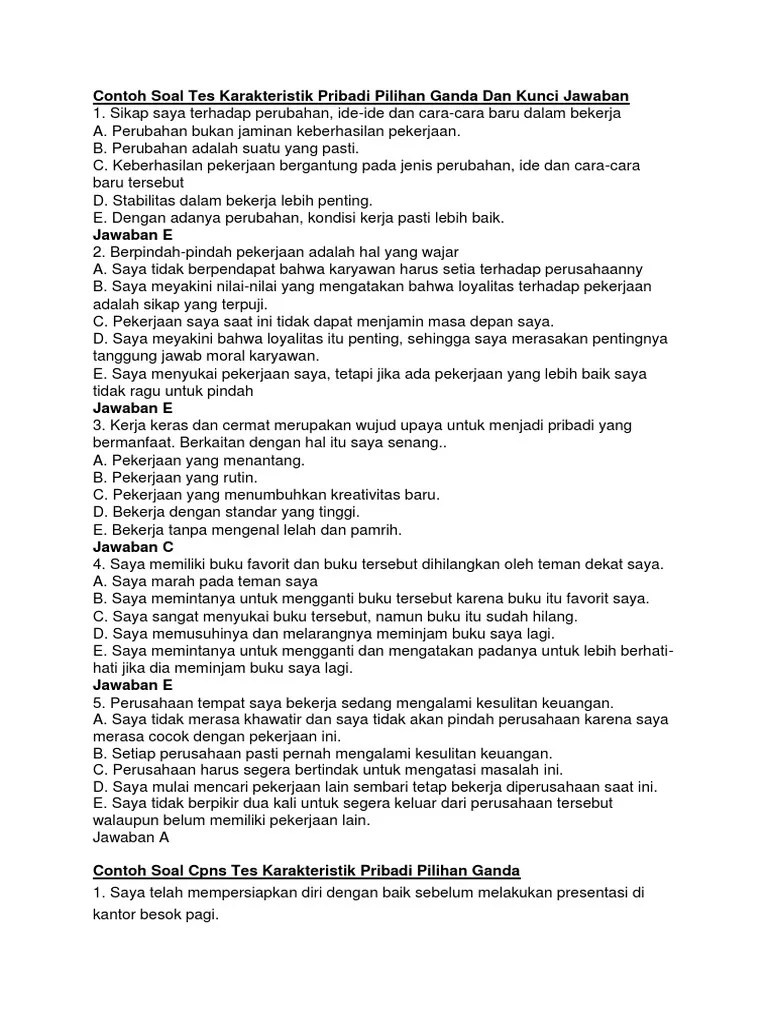 Contoh Soal Tes Karakteristik Pribadi Pilihan Ganda Dan Kunci Jawaban Pdf D5 A4 E3 B2 C1.