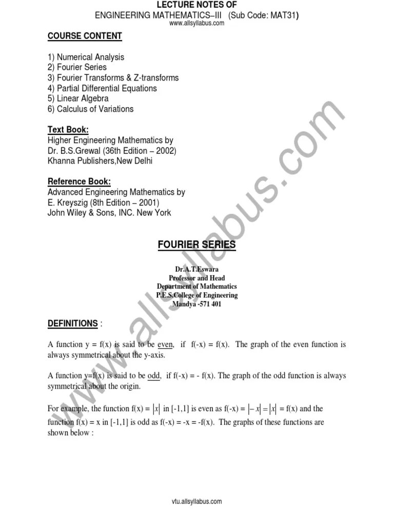 M3 Vtu Notes Fourier Series Series Mathematics