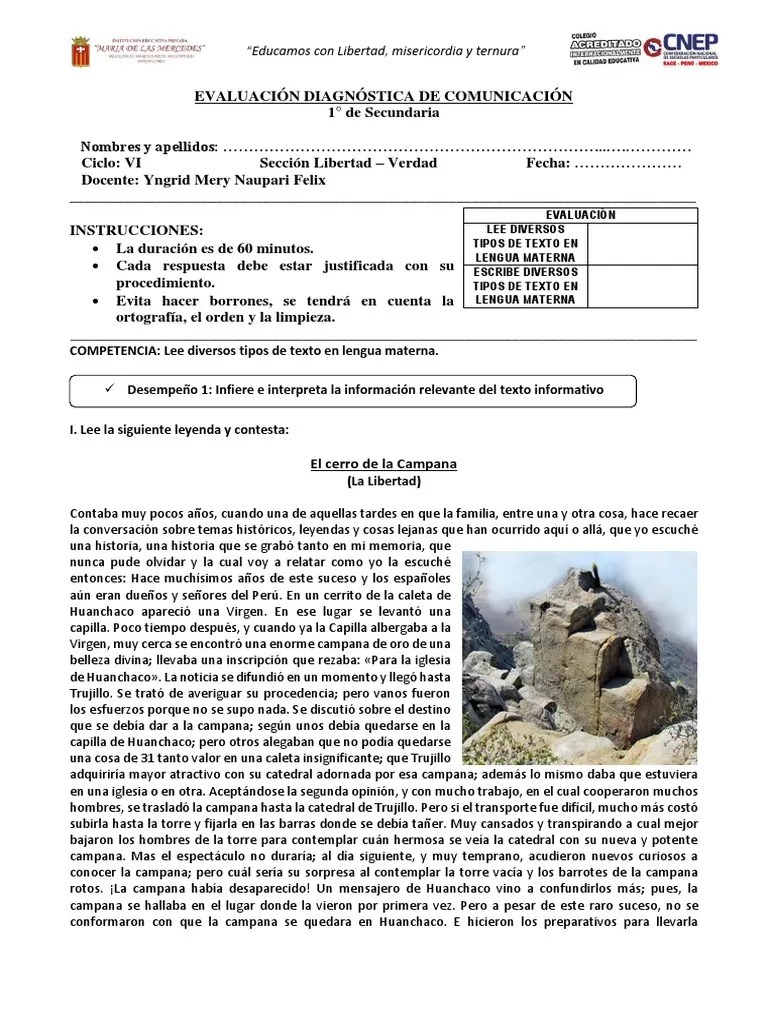 Evaluacion Diagnostica De Comunicacion De 1° Y 2° Secundariacorre | PDF ...