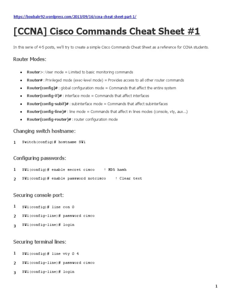(CCNA) Cisco Commands Cheat Sheet | PDF | Ip Address | Network Architecture