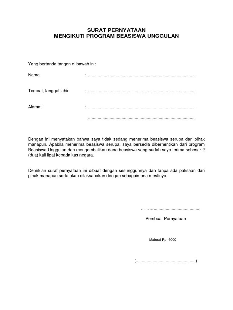 Surat pernyataan beasiswa unggulan pdf