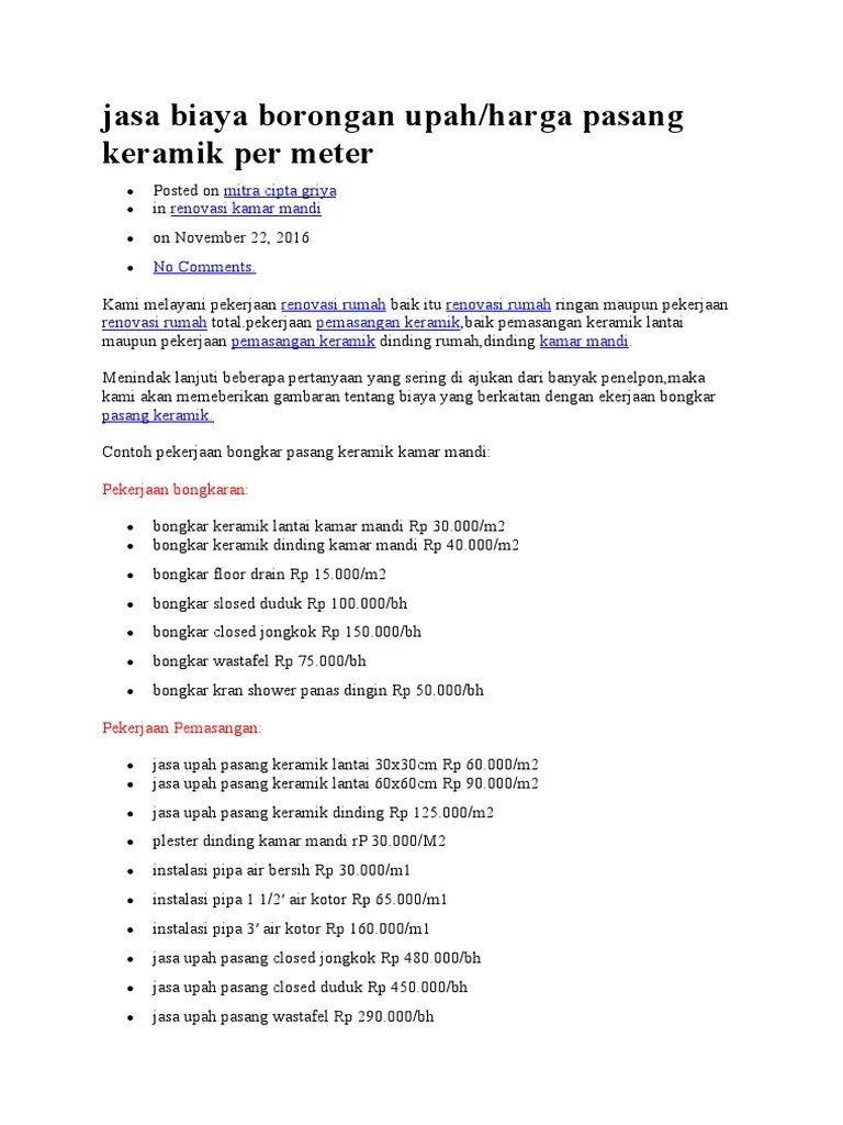 Sedangkan tarif jasa pemasangan keramik dinding adalah sekitar rp 150.000 per meter. Jasa Biaya Borongan Upah Pdf