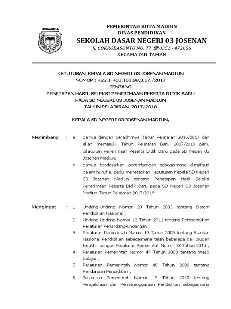 Tanggal penetapan pengumuman hasil proses seleksi ppdb. Sk Penetapan Hasil Ppdb 2017 Sd Pdf