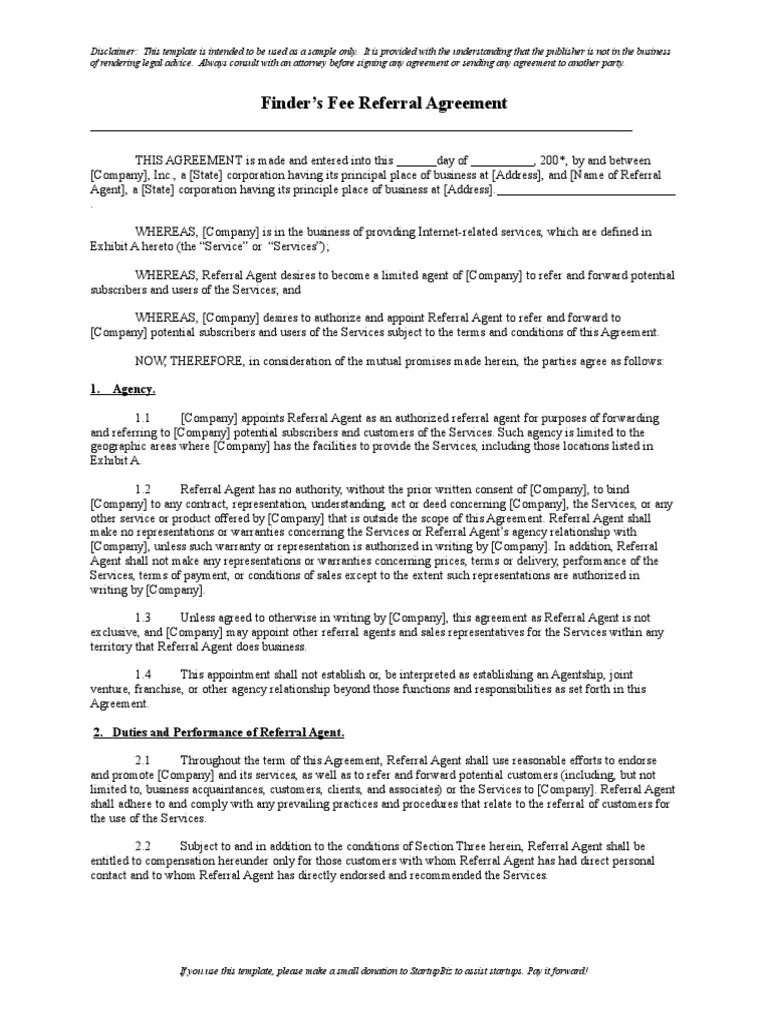 Finder S Fee Referral Agreement Breach Of Contract Property