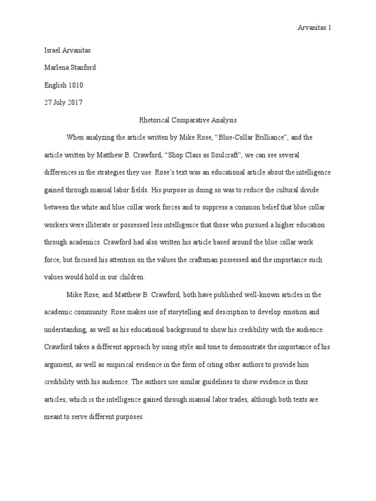 Rhetorical Analysis Final Revised | PDF | Blue Collar Worker | Essays