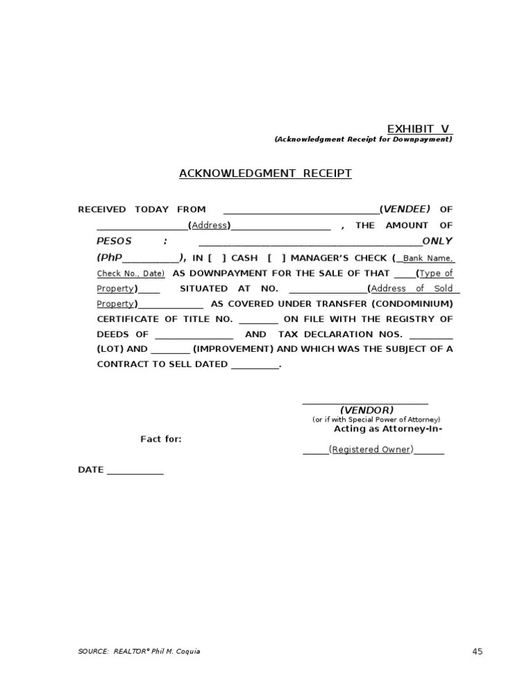 exibit v acknowledgment receipt dp receipt property