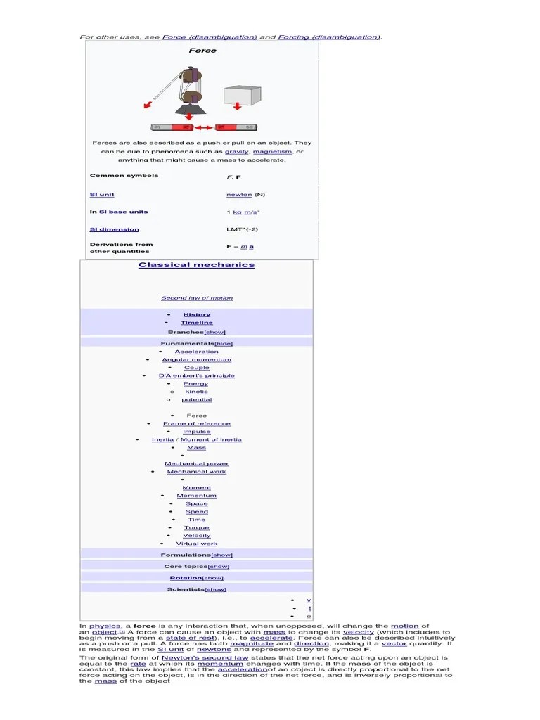 Classical Mechanics: Force | PDF | Newton's Laws Of Motion | Force