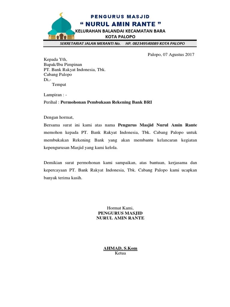 Lihat surat permohonan pembukaan rekening bank jatim untuk sekolah. Permohonan Pembukaan Rekening Masjid