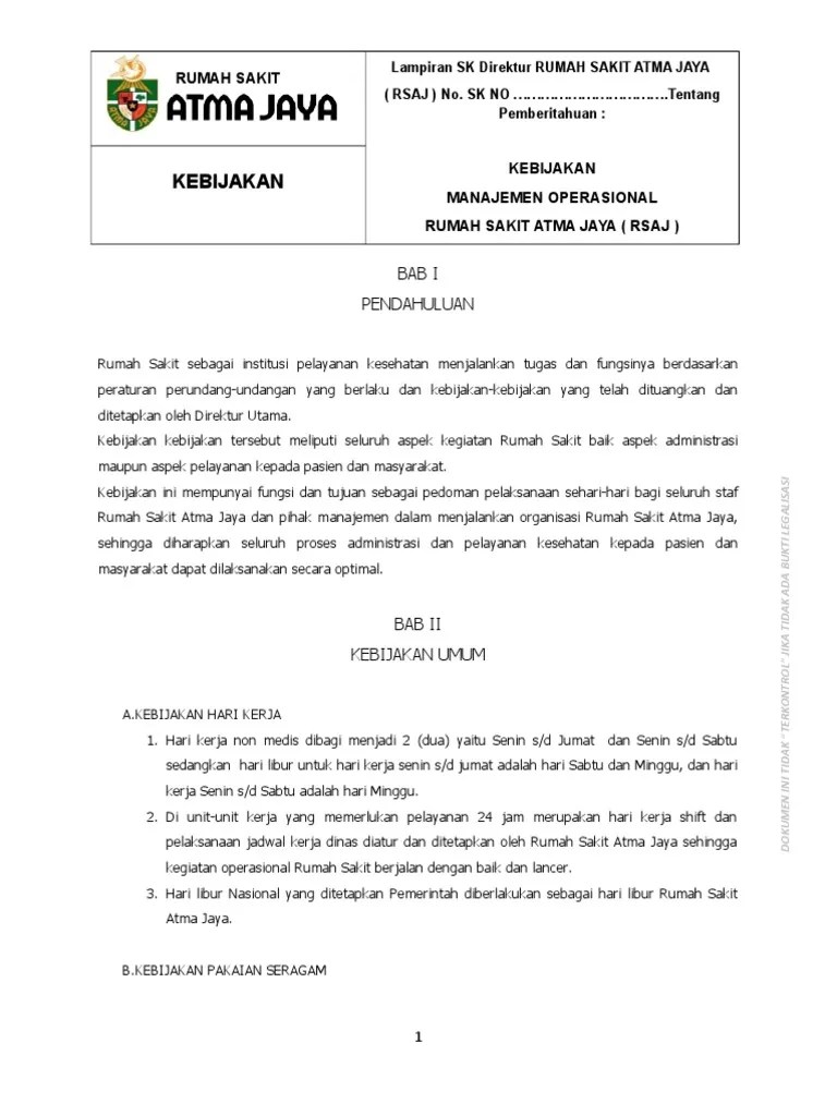 Kebijakan Manajemen Operasional Rumah Sakit Atma Jaya - Rev 18-01-2016 | PDF