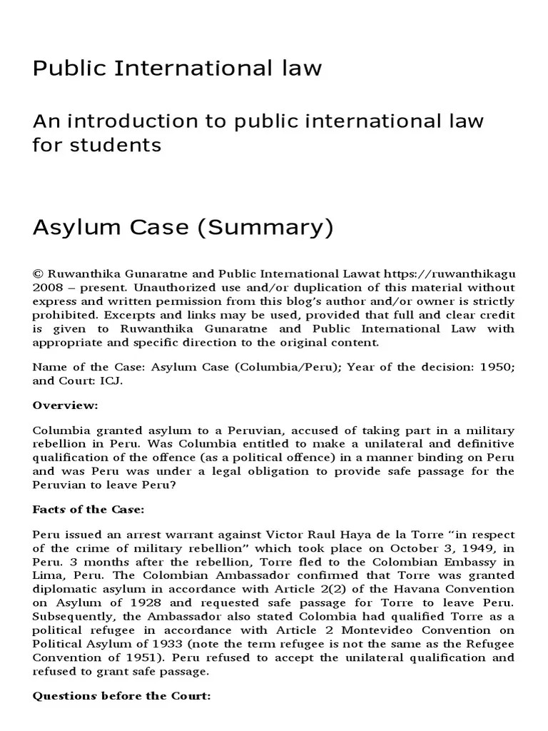 Asylum Case (Summary) - Public International Law | PDF | Refugee ...