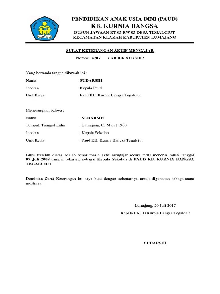 Contoh Surat Keterangan Aktif Mengajar Paud 