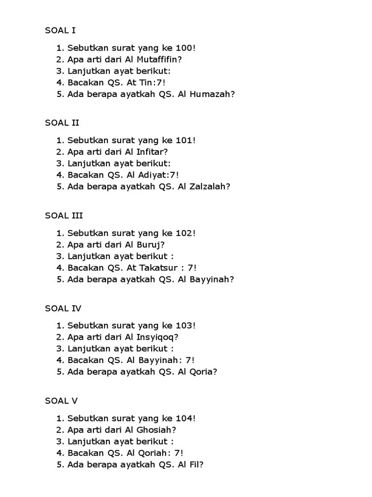 Mereka terbagi dalam cabang tilawah, putra dan putri, tartil, putra dan putri, tahfidz, putra dan putri, kaligrafi, putra dan putri, pidato, putra dan putri, kemudian rebana dan cci. Soal Tahfidz Pilihan Ganda Mathlaul Khairiyah