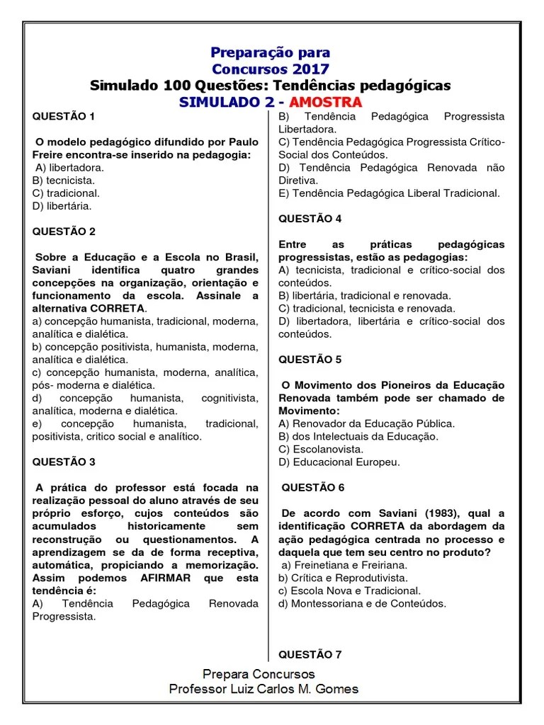 2.simulado 100 Questões Tendências Pedagógicas 3 | PDF | Pedagogia | Aprendizado