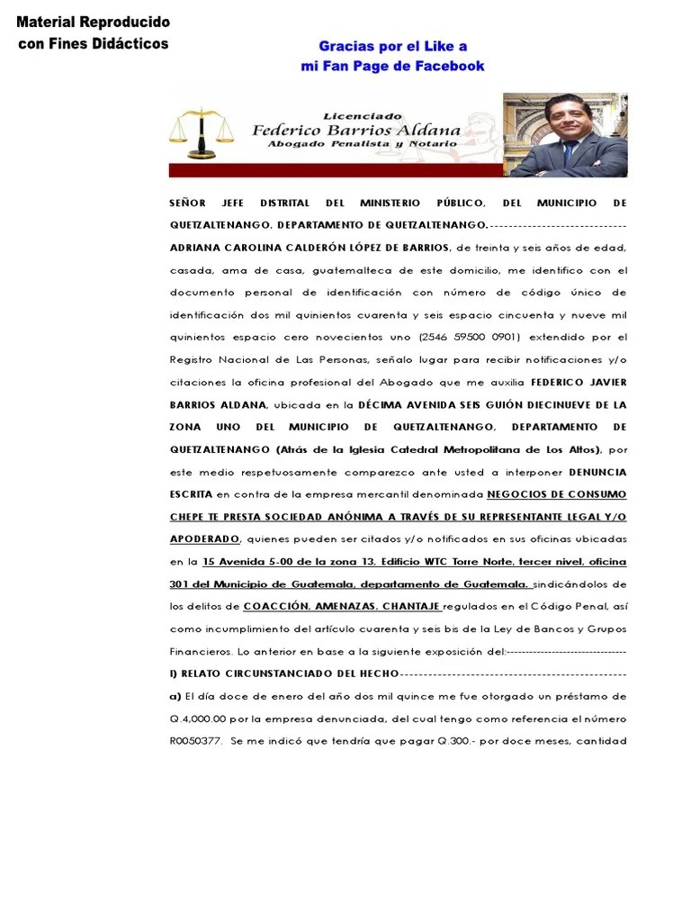 Denuncia Por Exceso De Cobro | PDF | Guatemala | Derecho Penal