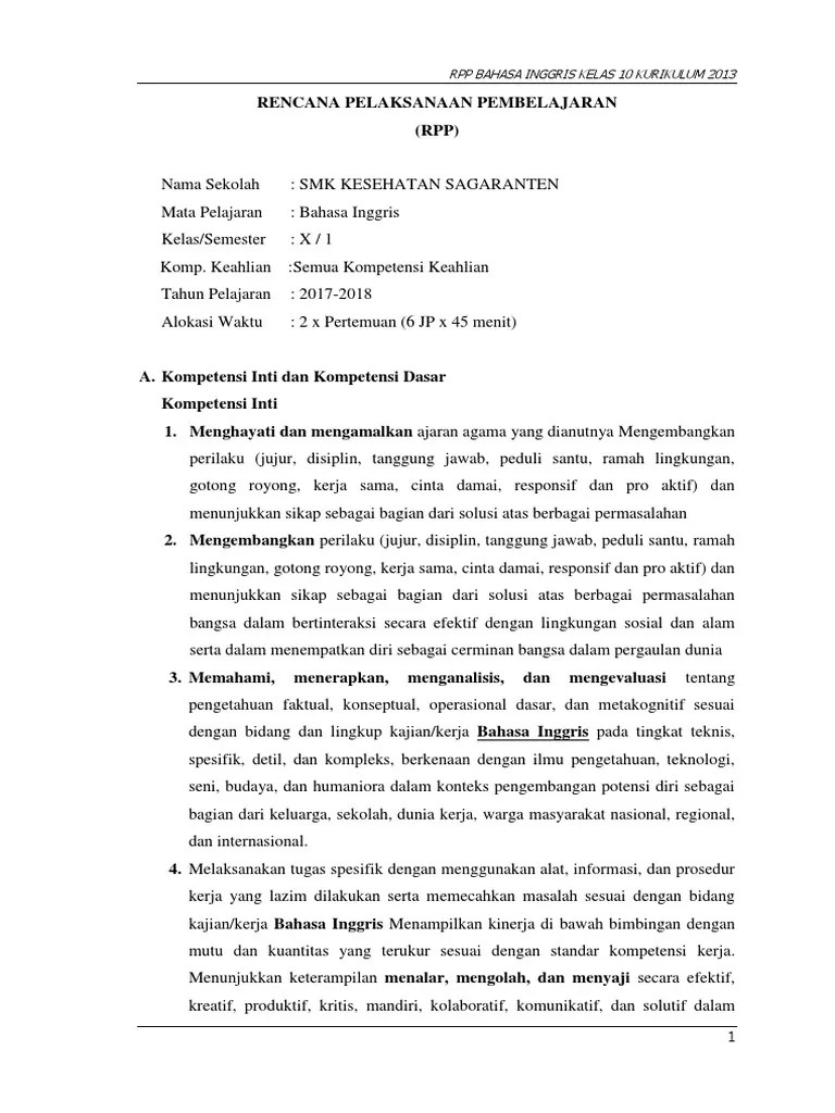 Jangan lupa untuk dikembangkan sesuai dengan kebutuhan peserta didik. Rpp Bahasa Inggris Smk Kelas 10 Kurtilas Pdf