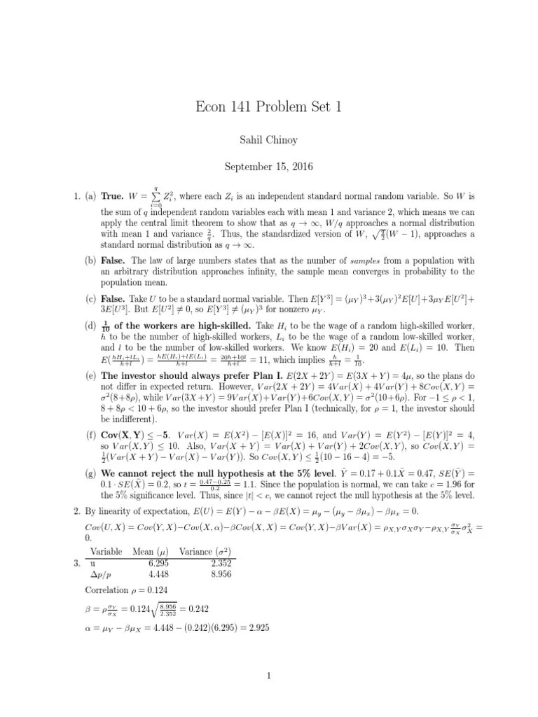 Analysis Of Problems From Econometrics Problem Set 1 Regarding ...