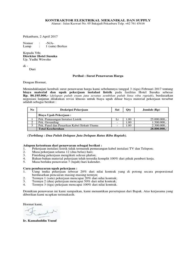 Contoh surat penawaran pekerjaan pemasangan instalasi listrik pt. Contoh Surat Penawaran Harga Pekerjaan Instalasi Listrik Bagi Contoh Surat