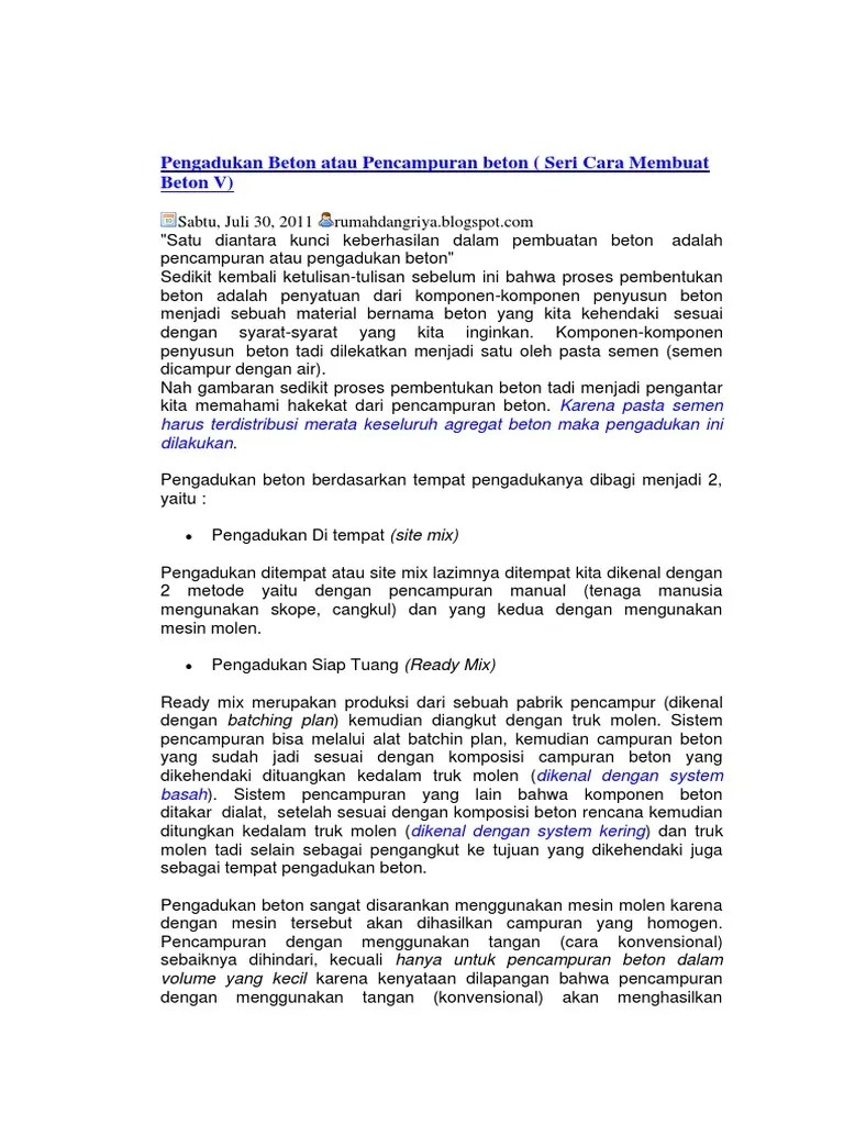 Pengadukan Beton Atau Pencampuran Beton | PDF