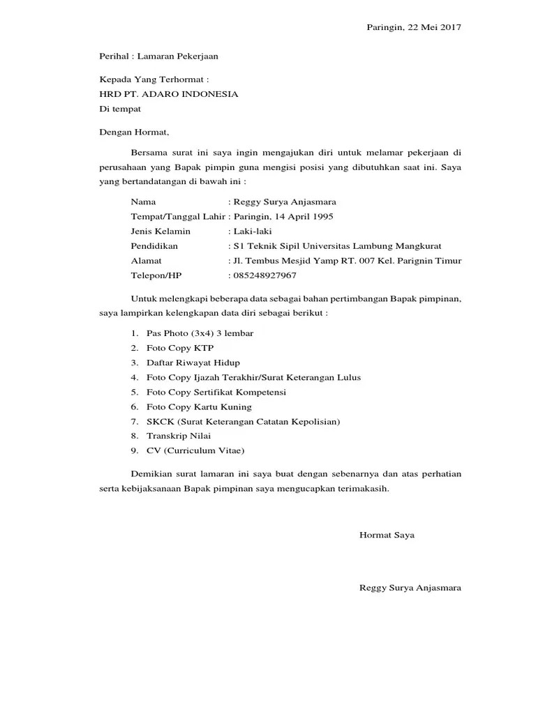 Mempunyai pengalaman kerja minimal 1 tahun. Surat Lamaran Kerja Adaro Pdf