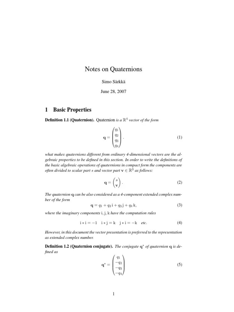 Notes On Quaternions - Simo Sarkka | Download Free PDF | Exponential ...
