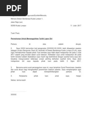 Tingkat 11, jabatanpengurusansumbermanusia, menara dewan bandaraya kuala lumpur 1, jalan raja laut, 50350 kuala lumpur. Contoh Surat Penangguhan Lapor Diri Pdf